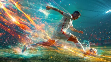 Soccer player kicking a ball with dynamic fiery and energetic light effects on a stadium field. - obrazy, fototapety, plakaty