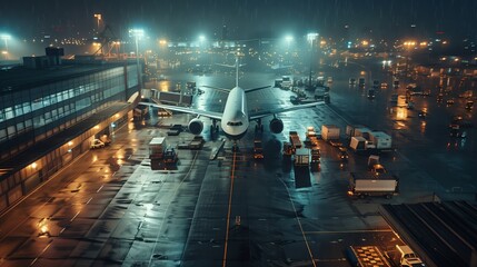 Commercial airplane docked at a busy airport terminal during a rain shower, lights reflecting on wet surfaces.