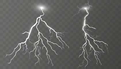  Set of lightnings. Thunder-storm and lightnings. Magic and bright lighting effects.Vector Illustration