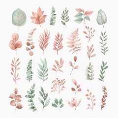 A watercolor illustration set featuring leaves and elements of nature