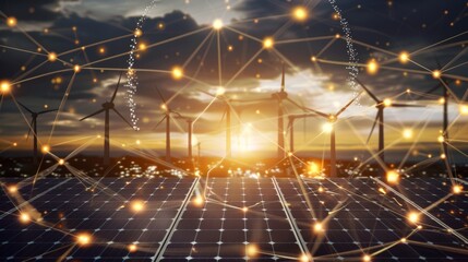 Green energy integration with wind turbines, solar panels, and eco friendly tech in conceptual image