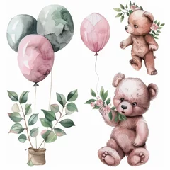 Fotobehang An illustration set with baby teddy bears and balloons in watercolor © Mark