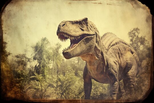 Vintage photo of a dinosaur stands in prehistoric environment. Photorealistic.