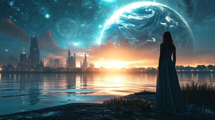 A graceful lady stand with a giant planet in space and futuristic city with modern skyscraper buildings.