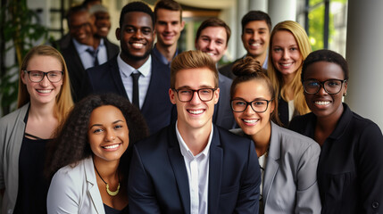 Diverse group of employees project team standing together in modern business building - group selfi portrait of cheerful and joyful young and senior employees colleagues