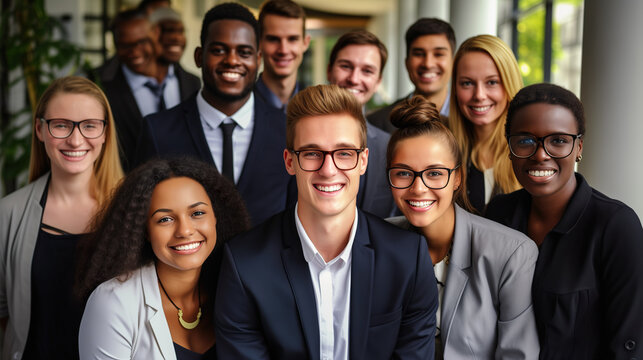 Diverse group of employees project team standing together in modern business building - group selfi portrait of cheerful and joyful young and senior employees colleagues