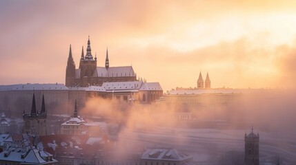 Beautiful historical buildings in winter with snow and fog in Prague city in Czech Republic in...