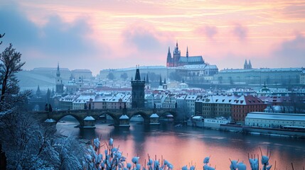 Charles bridghe with beautiful historical buildings at sunrise in winter in Prague city in Czech Republic in Europe. - obrazy, fototapety, plakaty