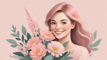Cheerful shy woman smiles happily wears dress holds big bouquet of flowers isolated over pastel pink background. International Women's Day