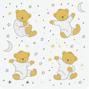 A cute set of baby teddy bears with stars and the moon