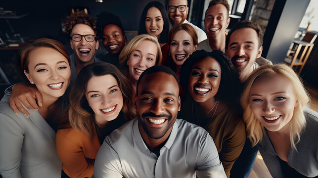 Diverse group of employees project team standing together in modern business building - group selfi portrait of cheerful and joyful young and senior employees colleagues