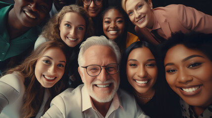 Obraz premium Diverse group of employees project team standing together in modern business building - group selfi portrait of cheerful and joyful young and senior employees colleagues