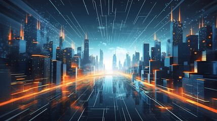 Aerial view of city at night, brightly lit streets, cityscape, skyline