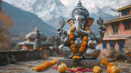 Sacred Artistry: Lord Ganesha Amidst Snow-Capped Mountains
 - obrazy, fototapety, plakaty