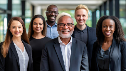 Diverse group of employees project team standing together in modern business building - group selfi portrait of cheerful and joyful young and senior employees colleagues