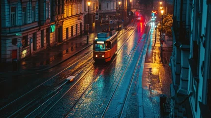 Keuken spatwand met foto A tram at night in the street of Prague. Czech Republic in Europe. © Joyce