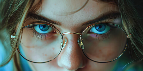 Close-up of Woman's Eye Through Glasses. Detailed view of young female eyes magnified behind glasses. - obrazy, fototapety, plakaty