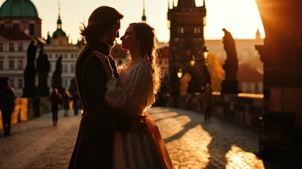 Poster Lifestyle portrait of Medieval young couple showing love at sunrise in Prague city in Czech Republic in Europe. © Joyce