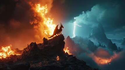 Angry evil dragon with red eyes and fire flames lightning bolt. - obrazy, fototapety, plakaty