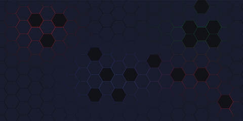 Black background with blue neon hexagon grid. Glowing hex background. eps 10