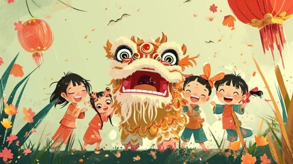 Cartoon of lion dance as the traditional Chinese folk event activities during Chinese lunar new year celebration.