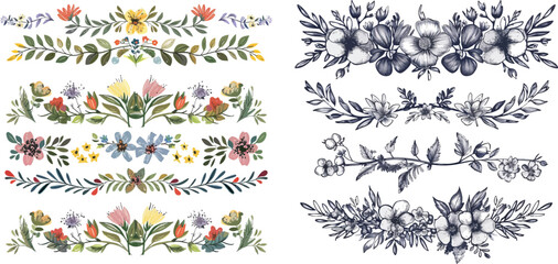 Set of floral hand drawn border - obrazy, fototapety, plakaty