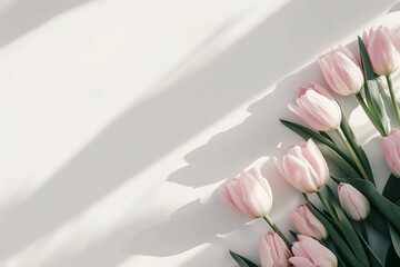 Pink tulips on white background.Creative copy space.Minimal concept.