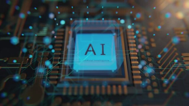 Micro Chip Processor with integrated AI on computer circuitboard, artificial intelligence technology concept