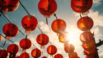 Fototapeta na wymiar Beautiful red lanterns in street to celebrate Chinese lunar new year.