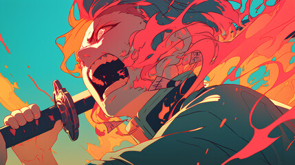 angry flame haired anime man screaming while holding katana