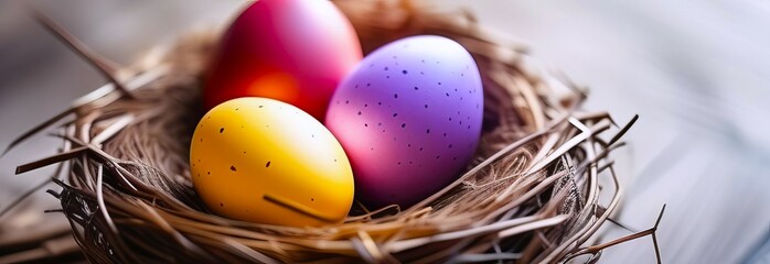 Fototapeta na wymiar three brightly colored Easter eggs resting in a natural birds nest against grey background. Concepts: nestled decorations, springtime festivities, Easter celebration, colorful traditions, Easter eggs