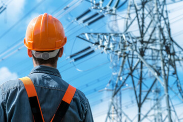 A male electrical engineer in a hard hat stands next to a high-voltage line, viewed from the back. AI generative - 753625258