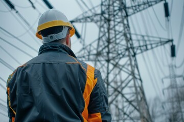 A male electrical engineer in a hard hat stands next to a high-voltage line, viewed from the back. AI generative