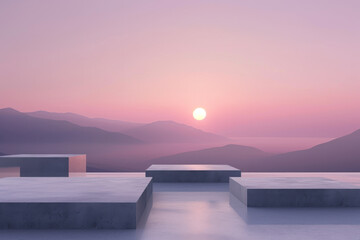 Sunrise over geometric concrete platforms in mountains