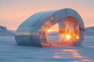 Icy landscape with glowing geometric tunnel at sunrise