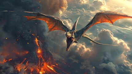 Flying dinosaur, Pterodactyl, flying over an erupting volcano with fire flame smoke in prehistoric environment. Photorealistic. - obrazy, fototapety, plakaty