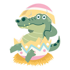 Cute crocodile in eggshell easter