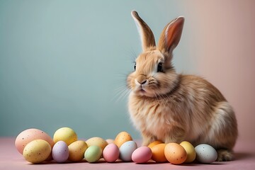 Fototapeta na wymiar Easter bunny with easter eggs on pastel background. Studio shot.