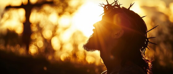 Religious Good Friday / crucifixion easter cocept, religion background banner greeting card - Silhouette portrait of Jesus Christ with crown of thorns before crucifixion, crucified, sun at the sky - obrazy, fototapety, plakaty