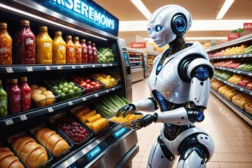 Robot organizes things in the supermarket. - obrazy, fototapety, plakaty