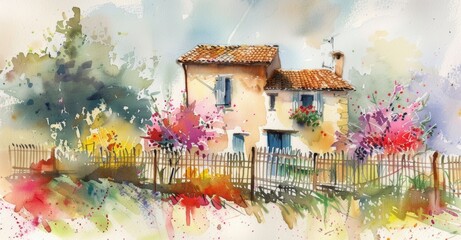 A charming watercolor painting featuring a house surrounded by a fence and colorful flowers.