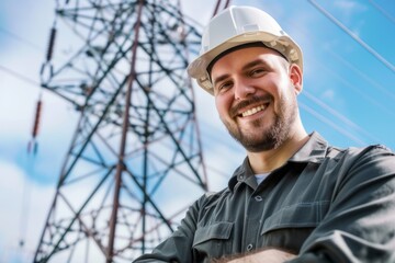 Smiling male electrical engineer in a hard hat with a high-voltage line behind him. AI generative - 753626095