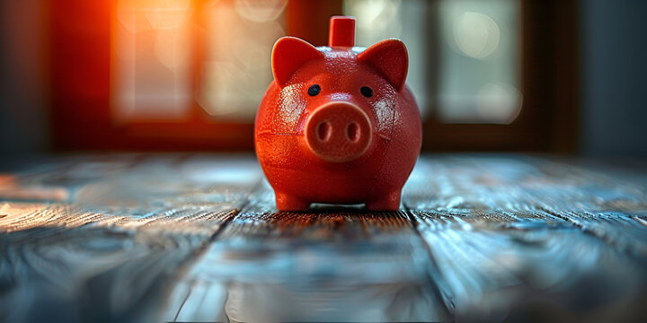 red Piggy bank on a wooden surface money saver inflation on nature background