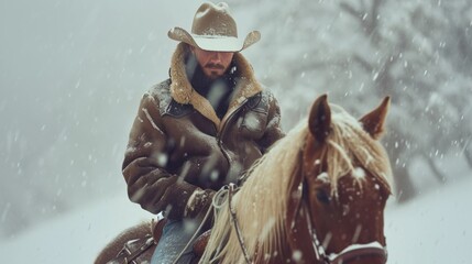 Cowboy on horseback in wild rugged field in winter with snow.