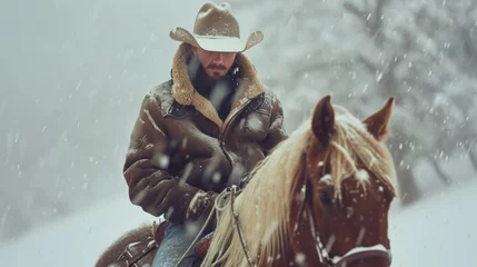 Rolgordijnen Cowboy on horseback in wild rugged field in winter with snow. © Joyce