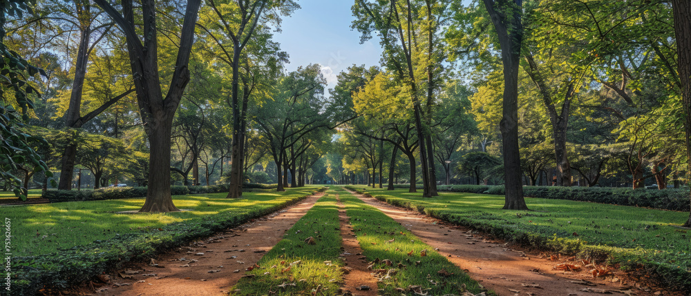Poster a serene park scene featuring parallel dirt paths flanked by lush green trees with sunlight filterin