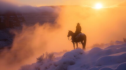 Cowgirl on horseback in wild rugged field in winter with snow.