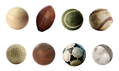 set of sport games old used balls isolated on transparent background