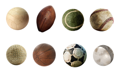 set of sport games old used balls isolated on transparent background