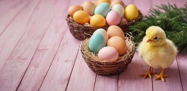 Wooden pink background with decorated eggs, nest and chick. Copy space. Concept of Easter and spring season holiday. Generative Ai